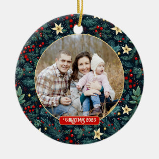 Folk Art Mistletoe Holly Berries Christmas Photo Ceramic Tree Decoration