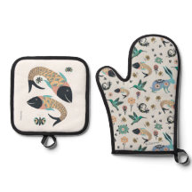 Folk art mitt and fish art pot holder