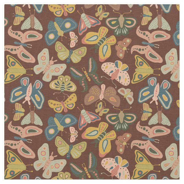 Folk Art Moths Butterflies Pink Blue Brown Fabric (Close Up)