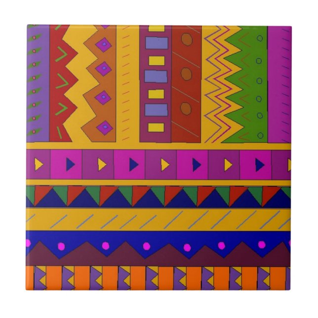 Folk Art Multi-coloured geometric shapes Tile (Front)