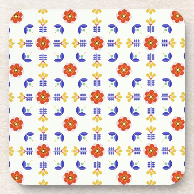 Folk Art Neon Flower Geometric Pattern Coaster (Front)