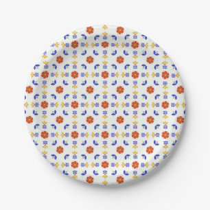 Folk Art Neon Flower Geometric Pattern Paper Plate