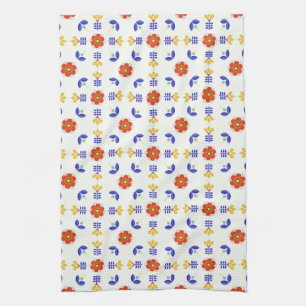 Folk Art Neon Flower Geometric Pattern Tea Towel