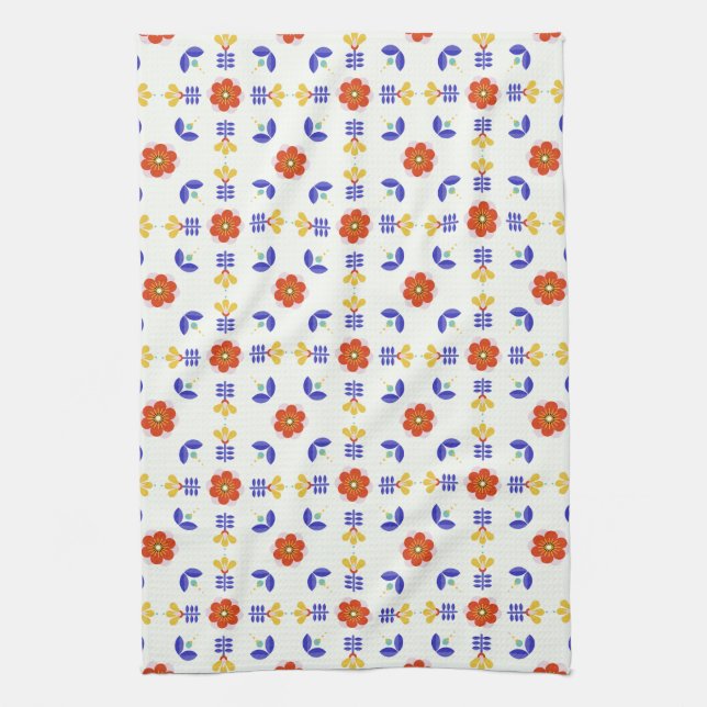 Folk Art Neon Flower Geometric Pattern Tea Towel (Vertical)