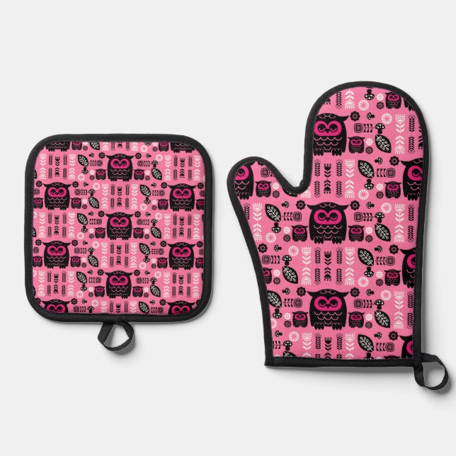 Folk Art Nordic Owl Oven Mitt & Pot Holder Set (Front)