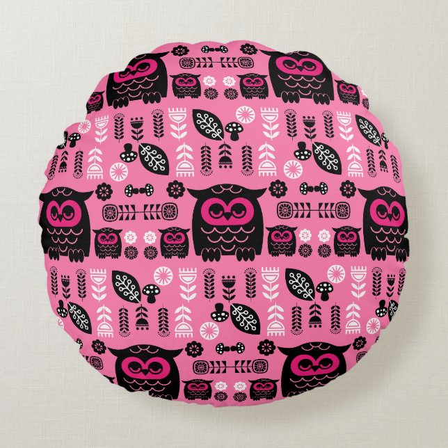 Folk Art Nordic Owl Round Cushion (Front)