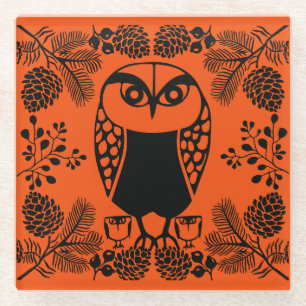 Folk Art Owl Prints Glass Coaster