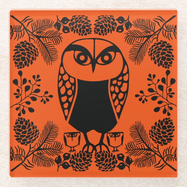 Folk Art Owl Prints Glass Coaster (Front)