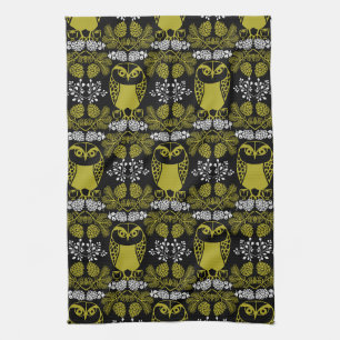 Folk Art Owl Prints Tea Towel
