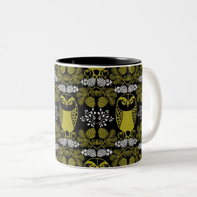Folk Art Owl Prints Two-Tone Coffee Mug (Front Right)