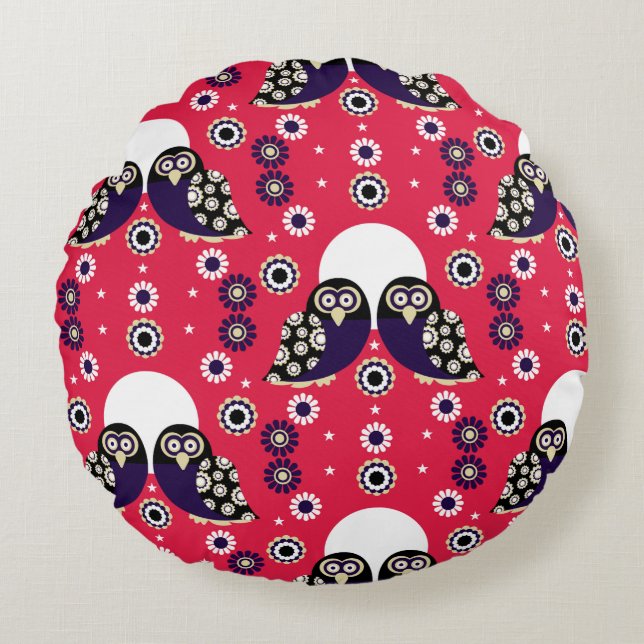 Folk Art Owl Round Cushion (Front)