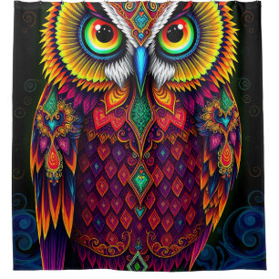 Folk Art Owl: Whimsical Red Teal Design Shower Curtain