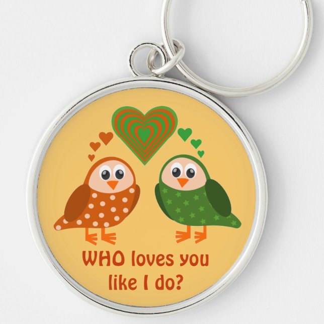 Folk Art Owls Couple WHO Loves You Key Ring (Front)