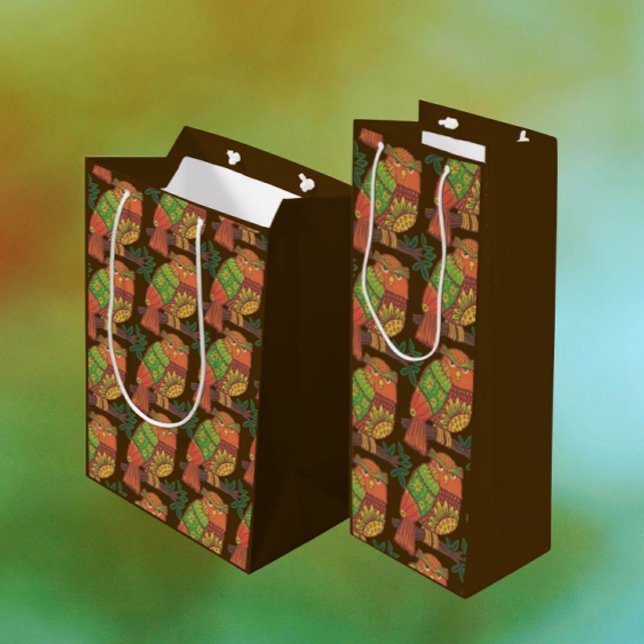 Folk Art Owls on Branches All Occasion Wine Gift Bag (Creator Uploaded)