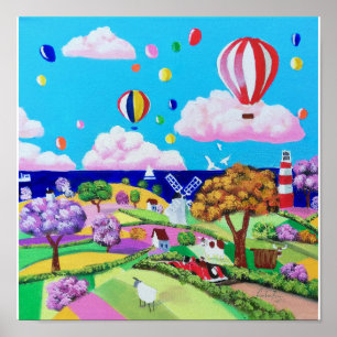 Folk art painting - happy seaside poster