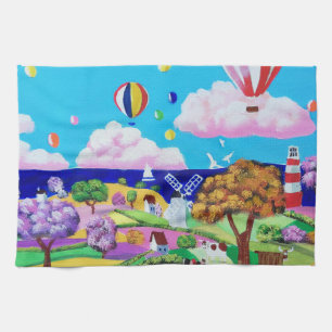 Folk art painting - happy seaside tea towel