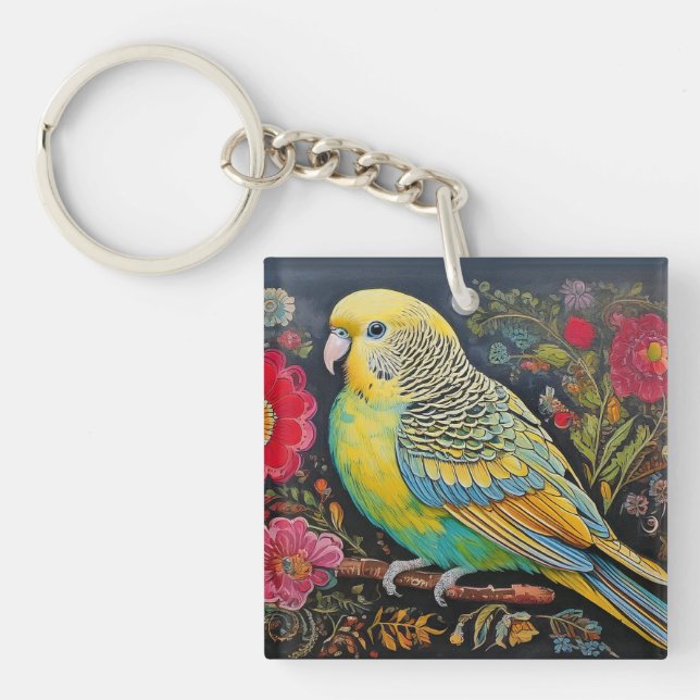 Folk Art Parakeet with Flowers Key Ring (Front)