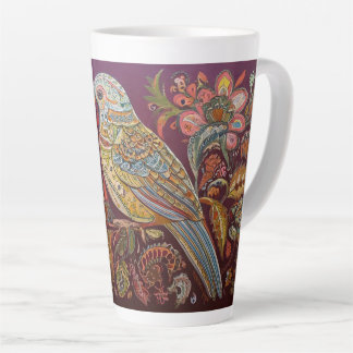 Folk Art Parakeet with Flowers Latte Mug