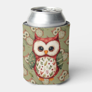 Folk Art Patchwork Owl Cottagecore Can Cooler