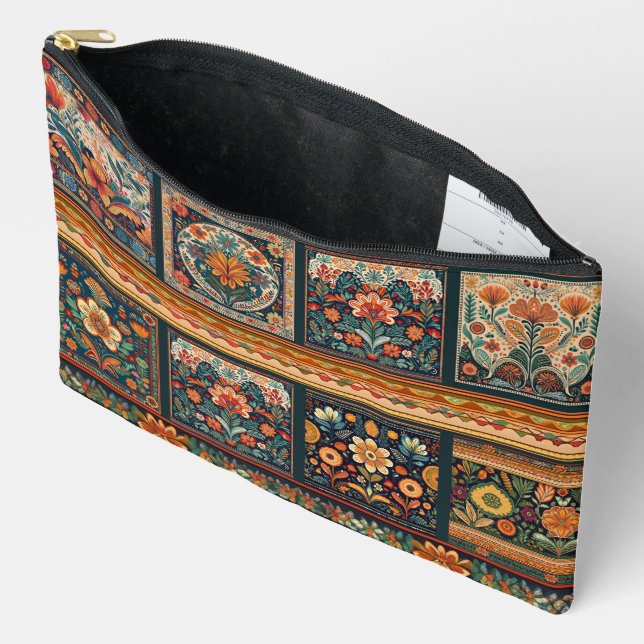Folk Art Patchwork Zippered Pouch (Open)