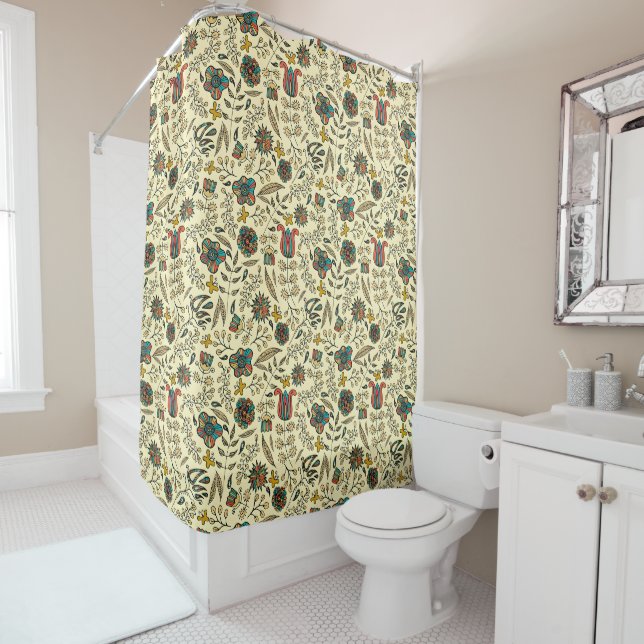 Folk art pattern on pale yellow background shower curtain (In Situ)
