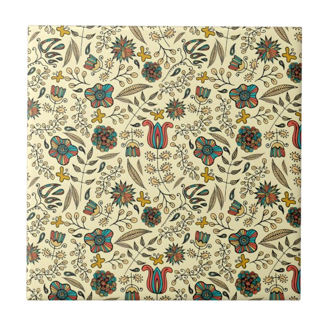 Folk art pattern on pale yellow background tile (Front)