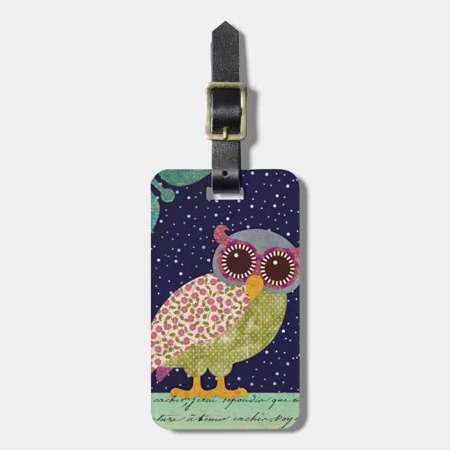 Folk Art Pattern Owl at Night Luggage Tag (Front Vertical)