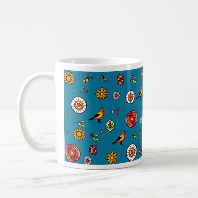 Folk art pattern with birds and flowers coffee mug (Left)