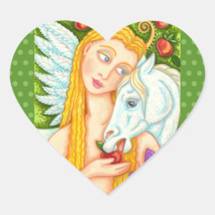 FOLK ART PEGASUS AND EVE IN GARDEN OF EDEN, HORSE HEART STICKER