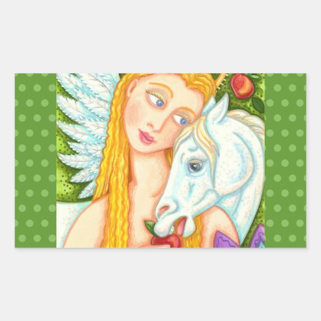 FOLK ART PEGASUS AND EVE IN GARDEN OF EDEN, HORSE RECTANGULAR STICKER (Front)