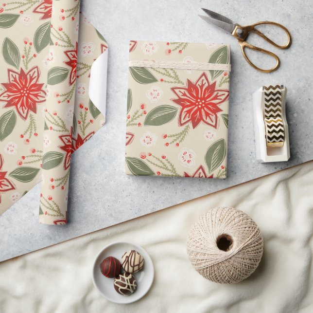 Folk Art Poinsettia Rustic Christmas Winter Floral Wrapping Paper (Crafts)