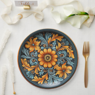 Folk Art Pottery Inspired Yellow, Rust, Navy Paper Plate