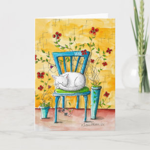 Folk Art Print, White Cat Sleeping, Cat Lover Art Card