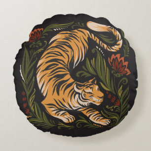 Folk Art Prowling Tiger Illustration Round Cushion