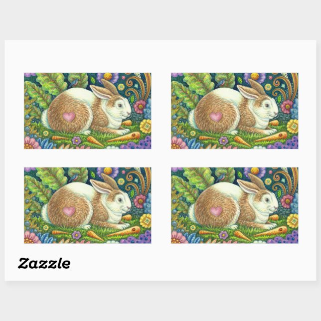 FOLK ART RABBIT & BLUEBIRD IN SECRET GARDEN RECTANGULAR STICKER (Sheet)
