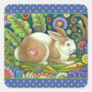 FOLK ART RABBIT & BLUEBIRD IN SECRET GARDEN SQUARE STICKER
