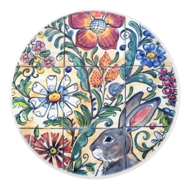Folk Art Rabbit Floral Tile Colourful Southwest Ceramic Knob (Front)