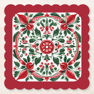 Folk art red and green paper coaster
