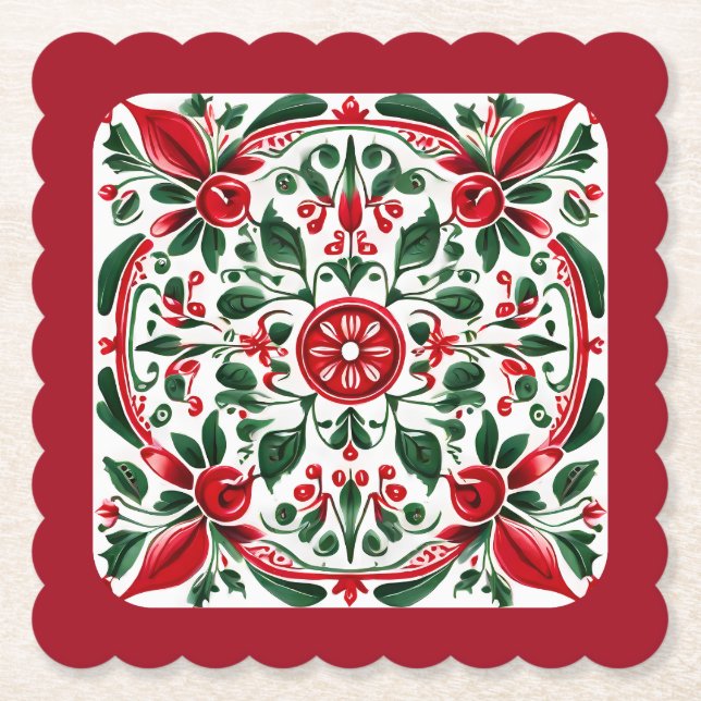 Folk art red and green paper coaster (Front)