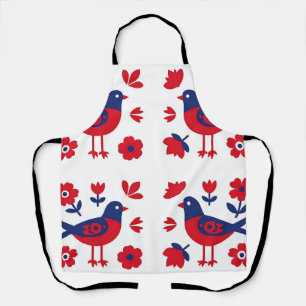 Folk Art Red Blue Bird Floral Pattern Apron