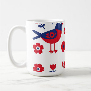 Folk Art Red Blue Bird Floral Pattern Coffee Mug