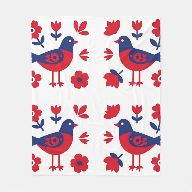 Folk Art Red Blue Bird Floral Pattern Fleece Blanket (Front)