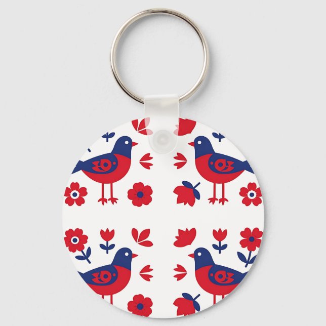 Folk Art Red Blue Bird Floral Pattern Key Ring (Front)