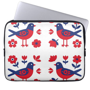 Folk Art Red Blue Bird Floral Pattern Laptop Sleeve