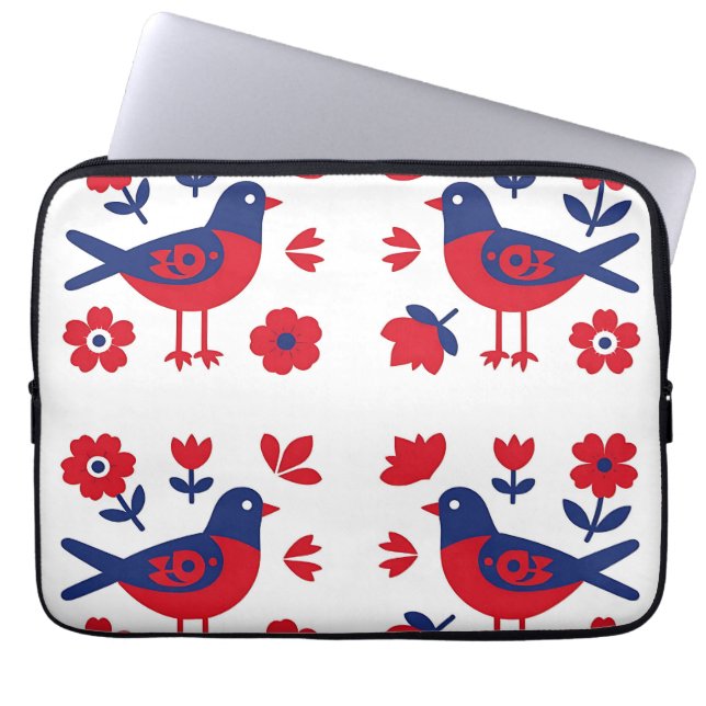 Folk Art Red Blue Bird Floral Pattern Laptop Sleeve (Front)
