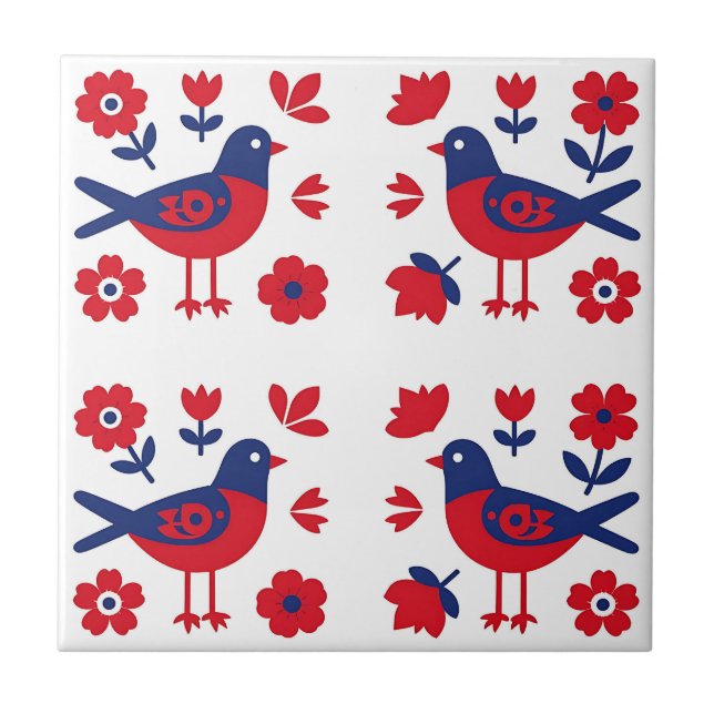 Folk Art Red Blue Bird Floral Pattern Tile (Front)