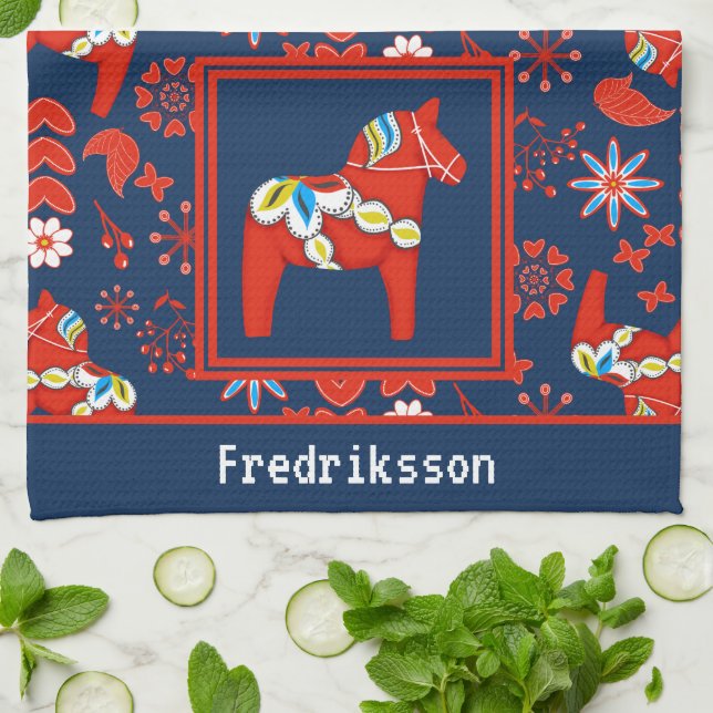 Folk Art Red Floral Dala Horse Tea Towel (Folded)