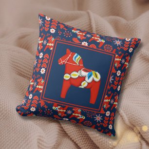 Folk Art Red Swedish Dala Horse and Pattern Cushion