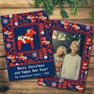 Folk Art Red Swedish Dala Horse and Pattern Photo Holiday Card