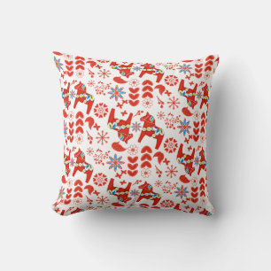 Folk Art Red Swedish Dala Horse Floral Pattern Cushion